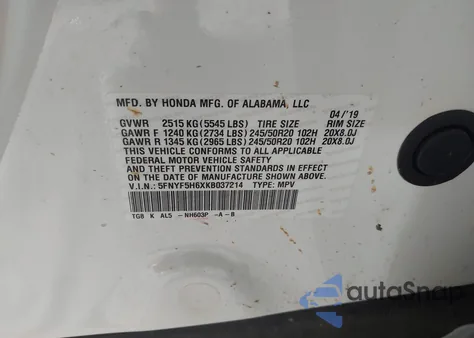 2019 Honda Pilot Touring z USA, uszkodzony, nr VIN 5FNYF5H6XKB037214